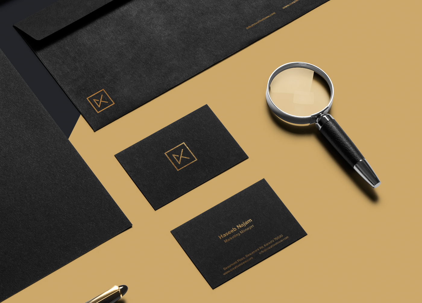 brand identity logo gold black pattern stationary design graphic font Mockup