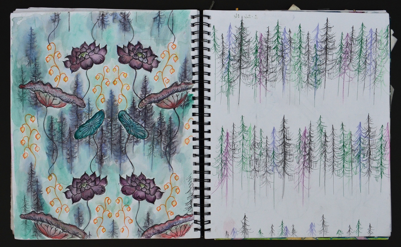 print design  crystals forest Constellations jewel tones Wallpaper design pine trees