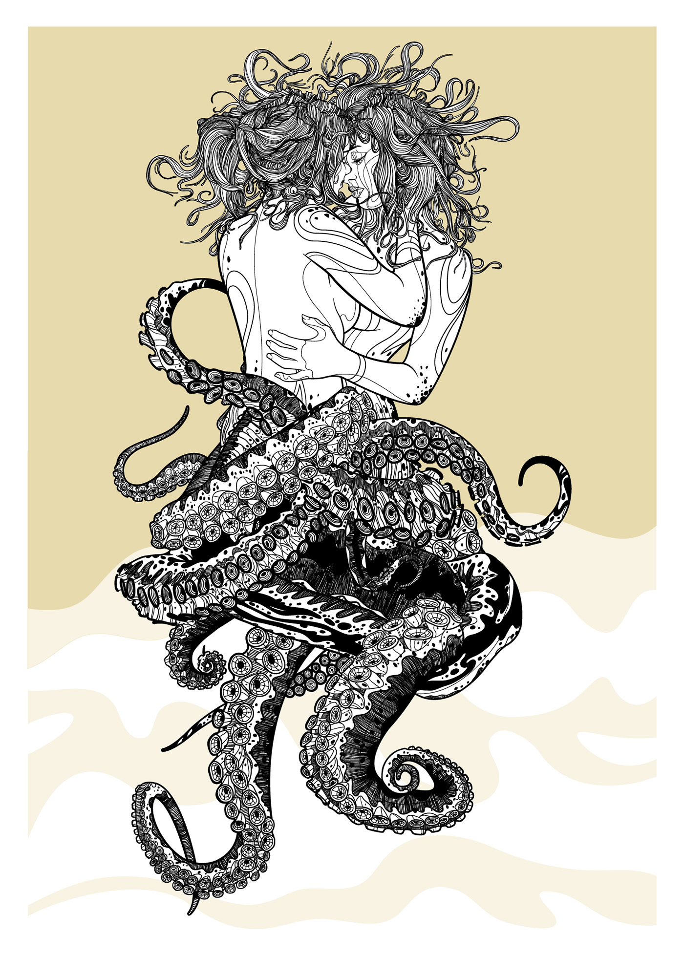octoups woman octopussies adobe illustrator Drawing  ILLUSTRATION  ink ink drawing poster screen print