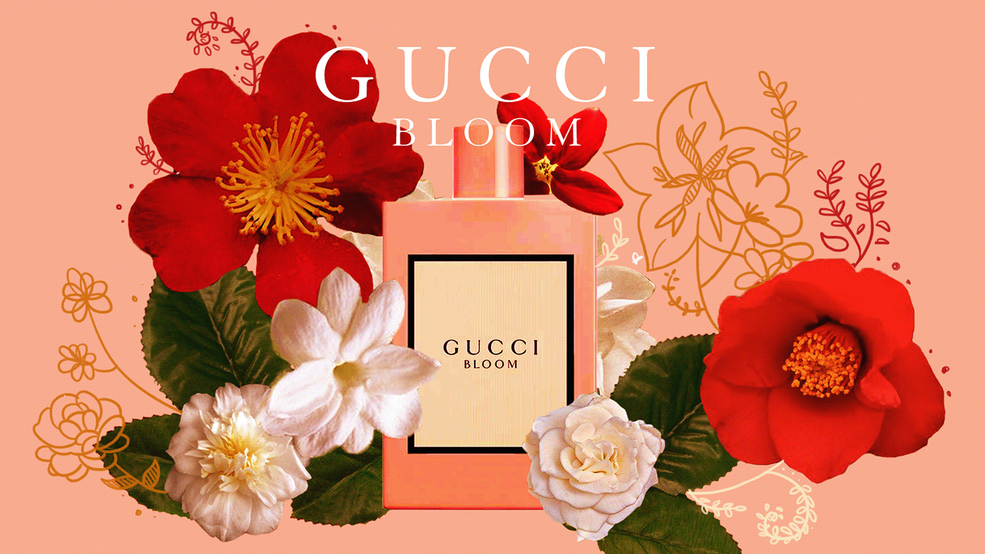 2D motion animation  beauty elegant Flowers gucci bloom makeup motion graphic perfume pink