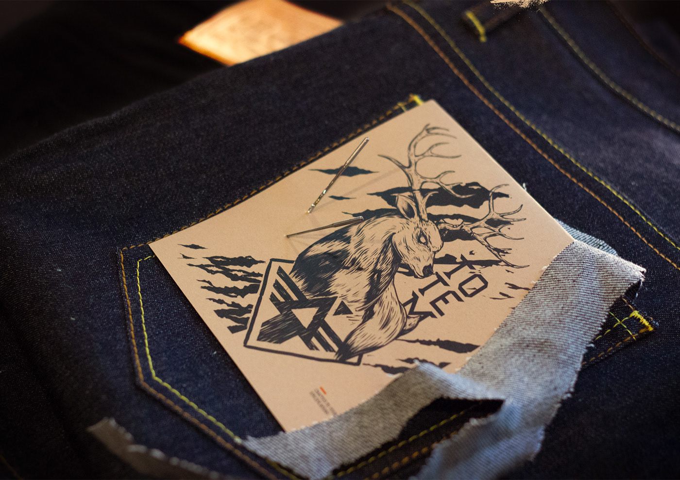 Totem Denim deer wolf jeans pantalones bespoken Label hand made branding 