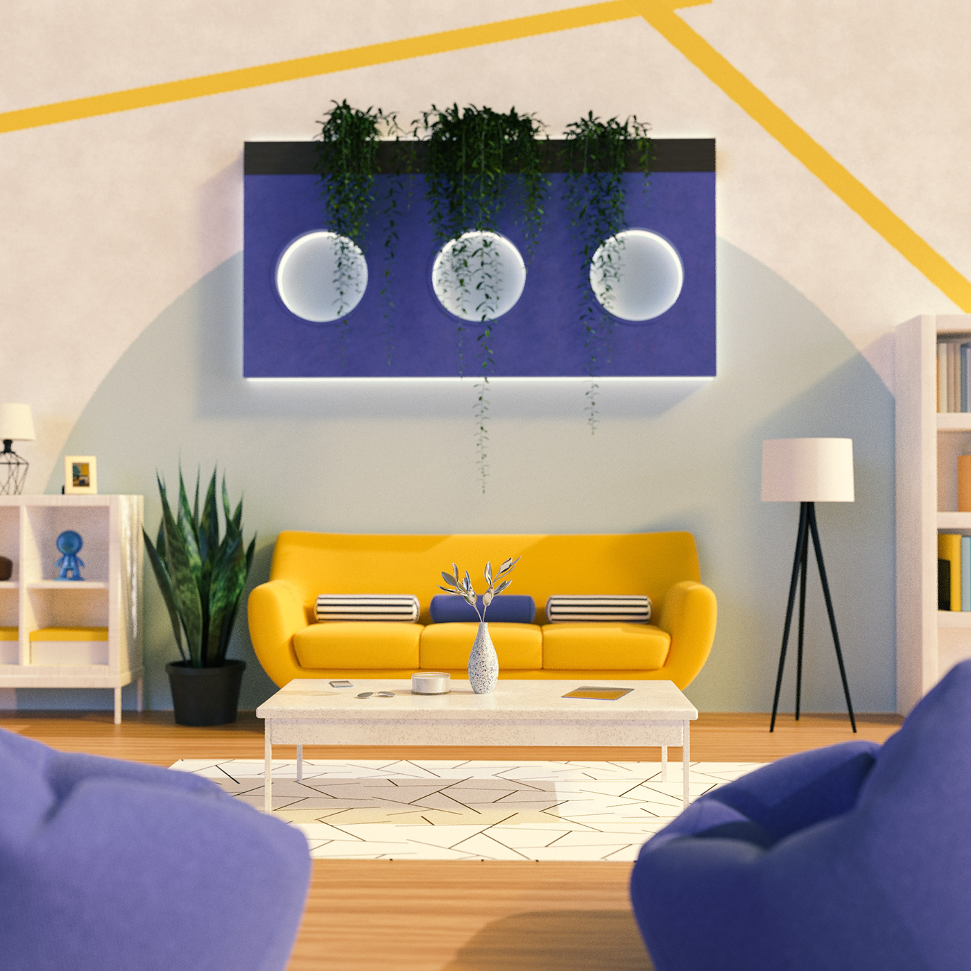 3D blue colorful furnitures Geometrical home deco Interior living room Playful yellow