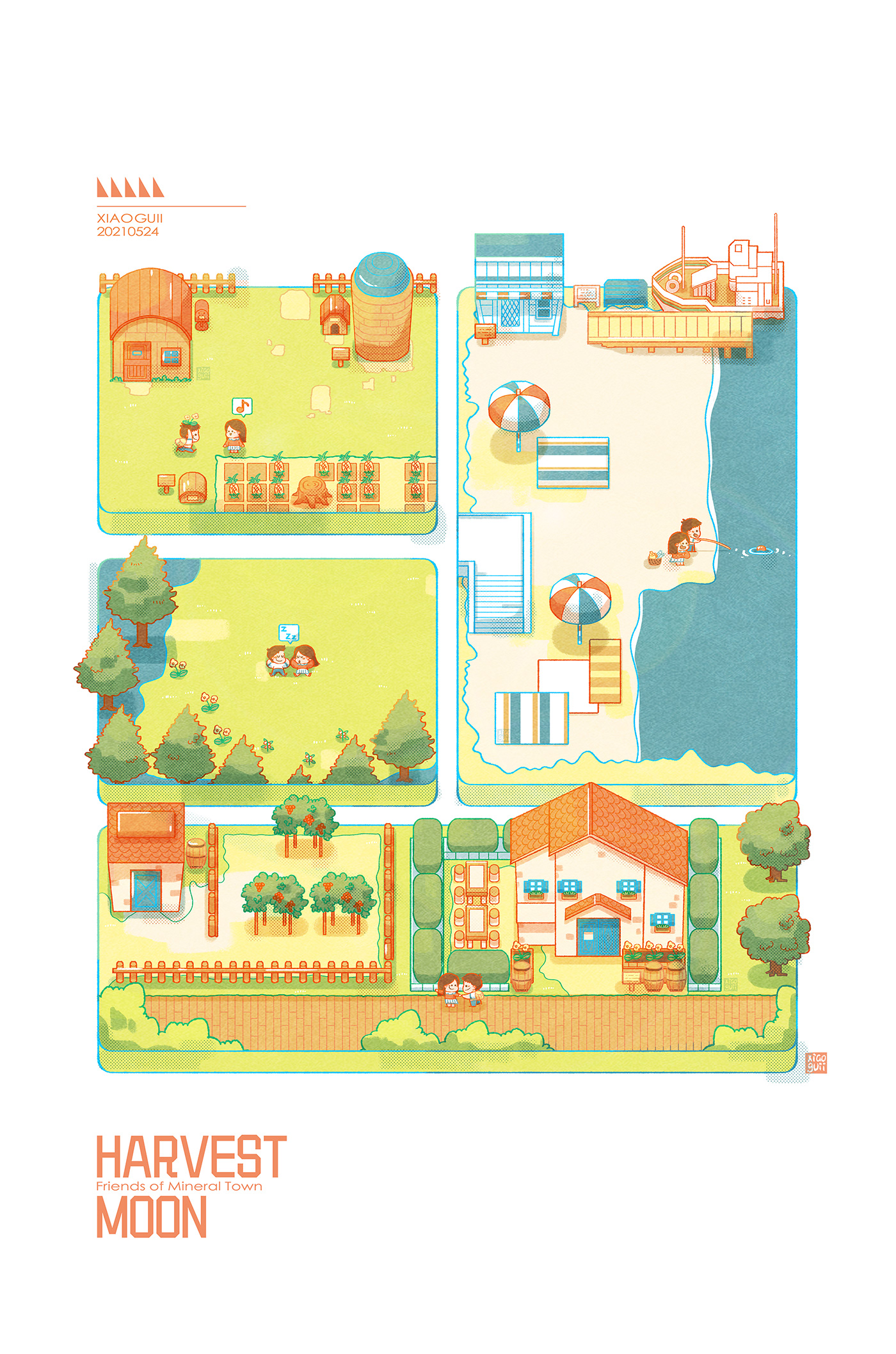 barn countryside couple Fan Art fishing Game Art Harvest Moon ILLUSTRATION  mineral town trees