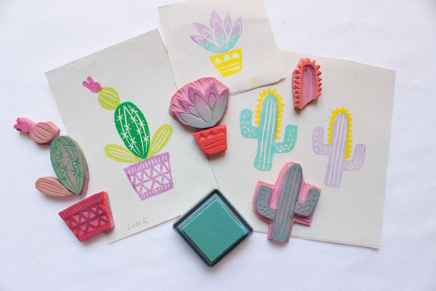 stamping stamp making linocut Rubber Stamp Blockprinting printmaking print print design  ILLUSTRATION  cactus prints