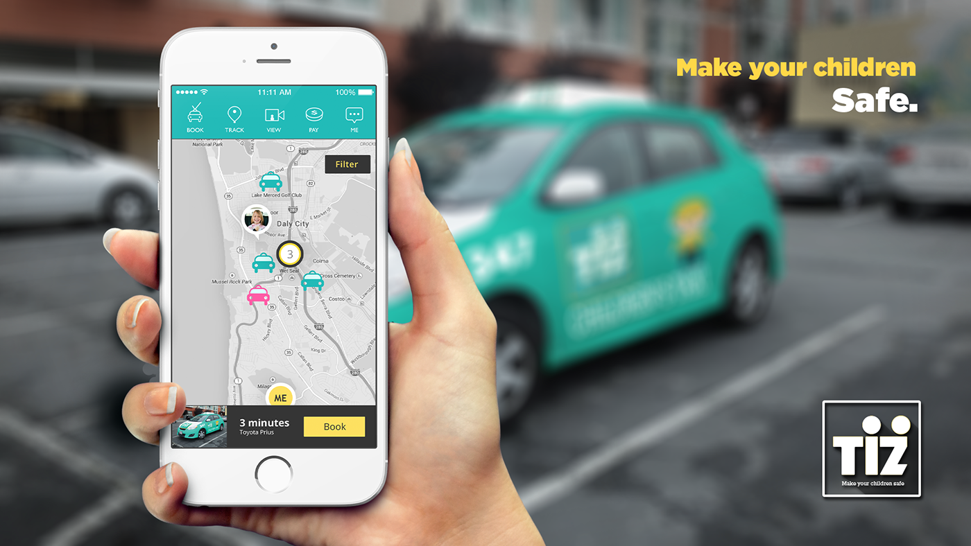 taxi children tiz prototype wireframe persona Mockup user flow transportation app poster