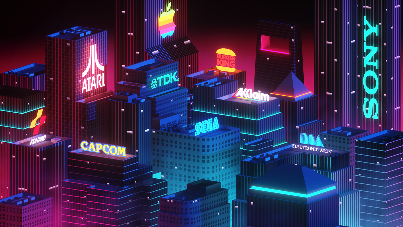 3D ILLUSTRATION  Retro neon surreal 80s Render city Scifi abstract