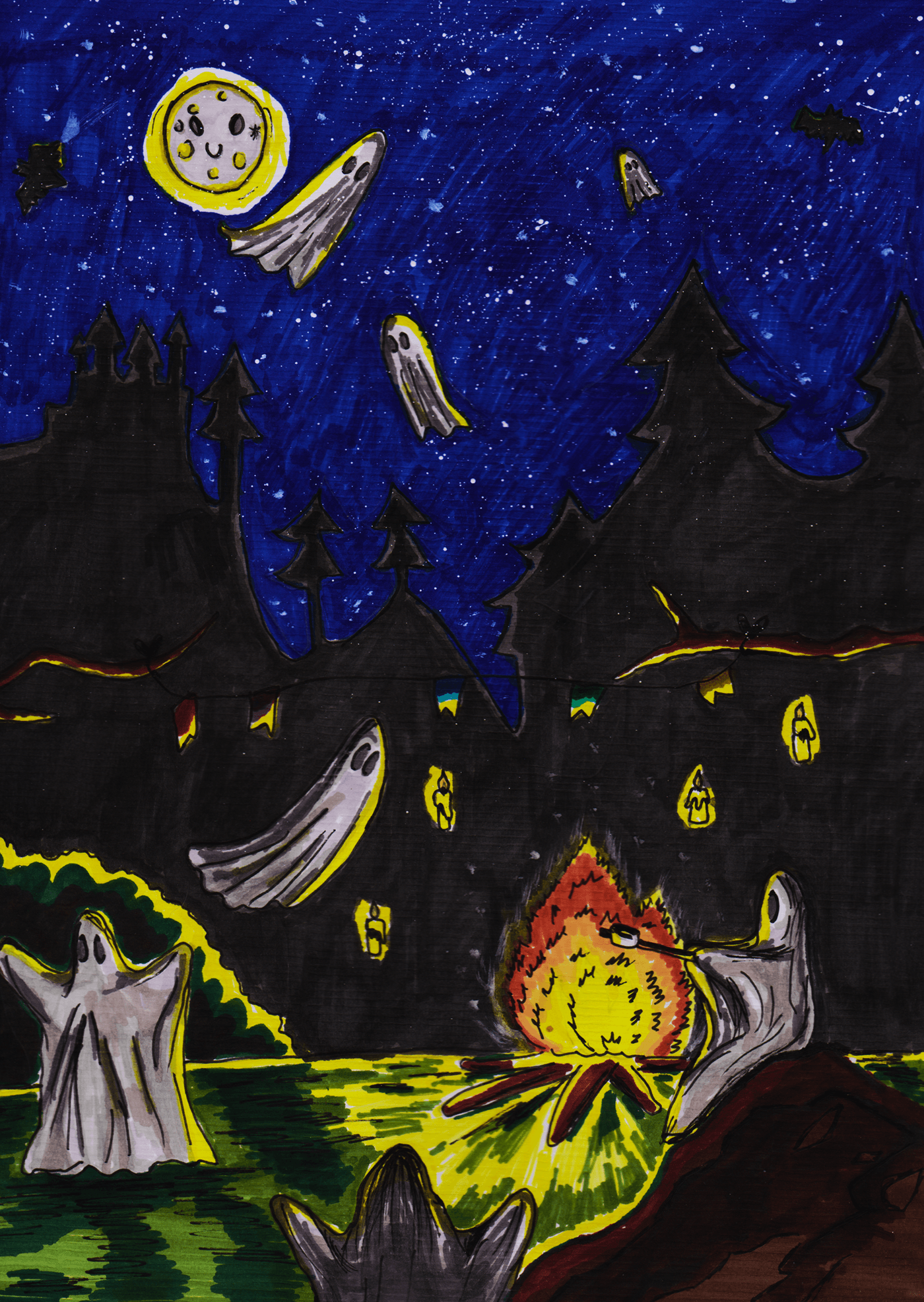 ghost party graphic design  ILLUSTRATION  children illustration Drawing  Halloween Castle fantasy bat