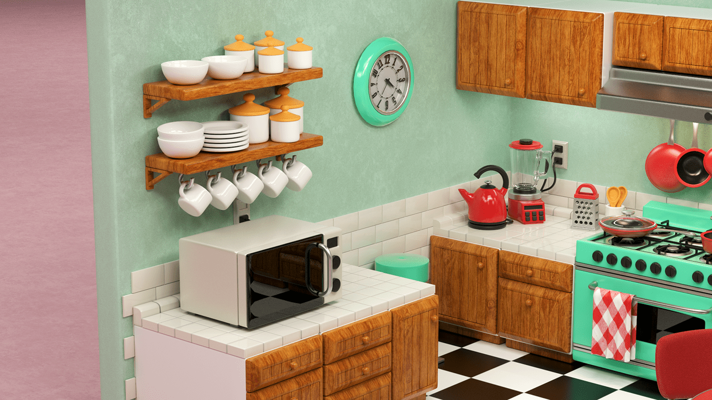 after effects c4d cinema4d cute kitchen modeling MoGraph redshift Retro