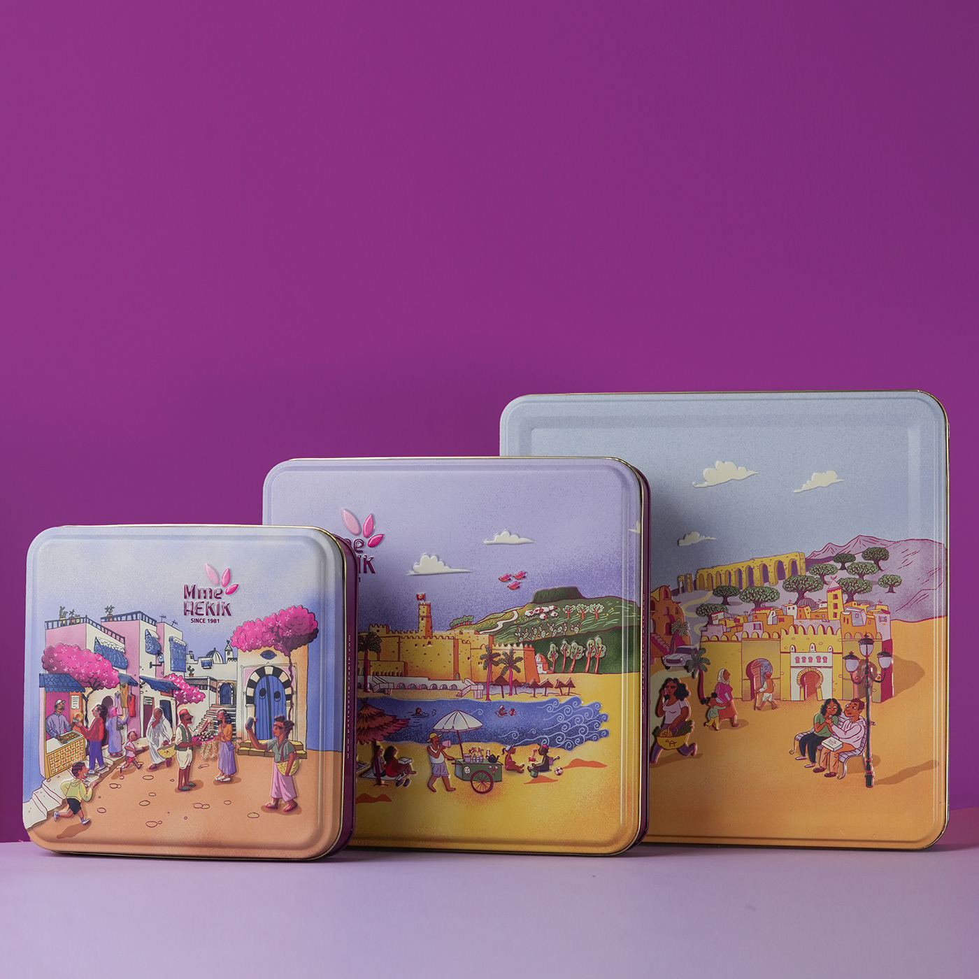 Packaging illustrations think create Sfax tunisia brand identity monuments pastry visual identity METALIC BOX