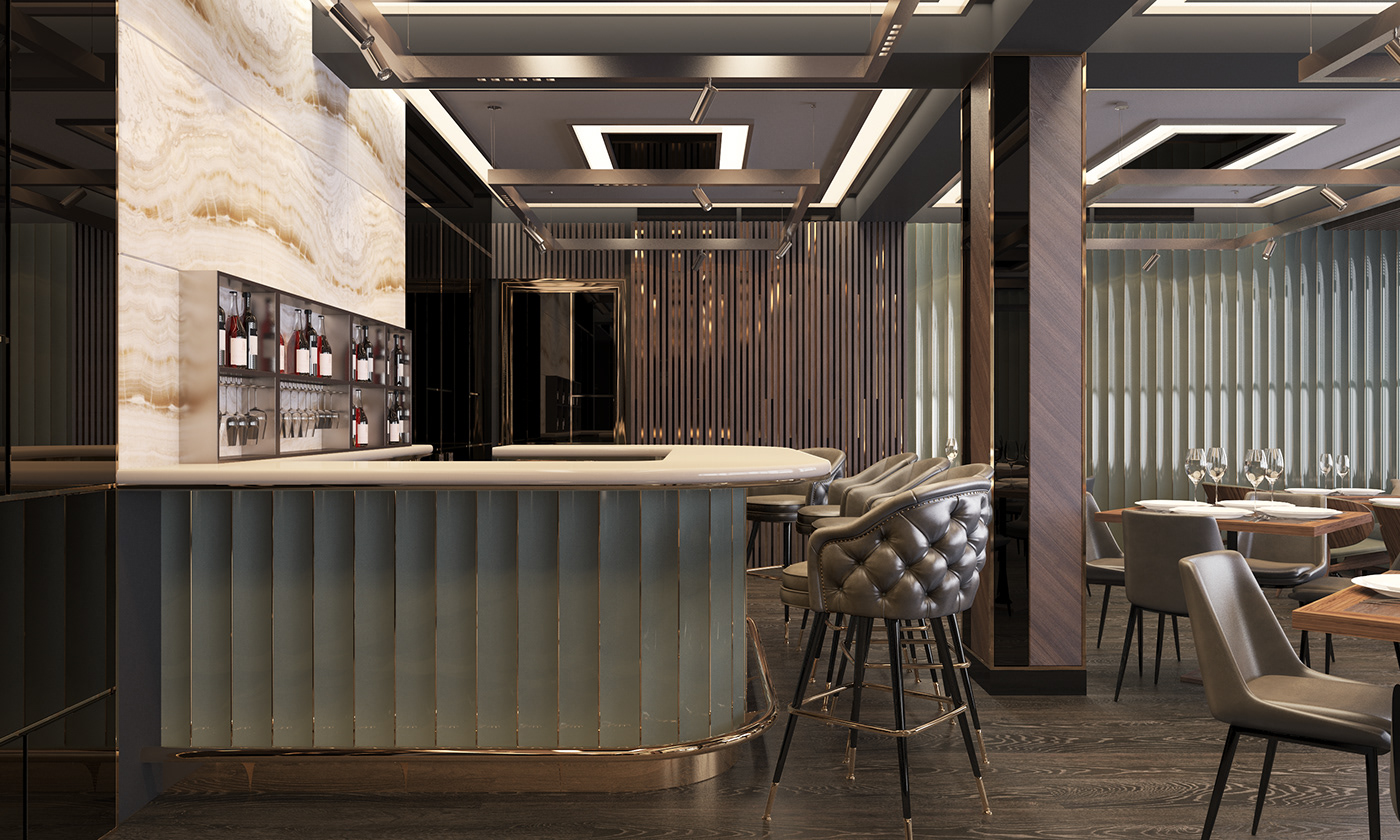 interior design  architecture visualization luxury restaurant Minotti wood
