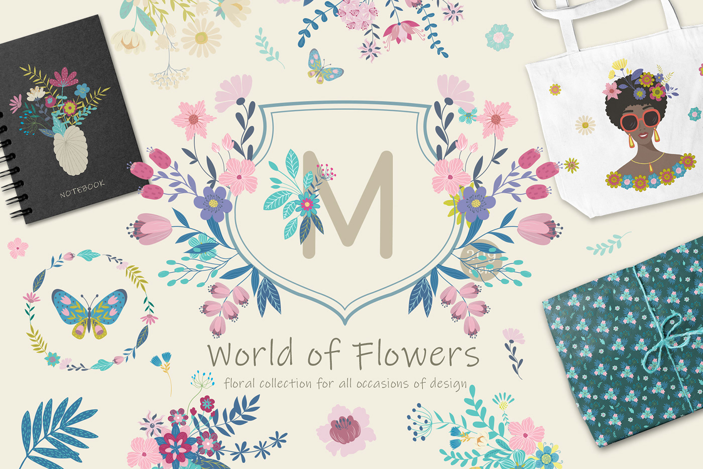 209 design elements, flowers, butterflies, floral alphabet, wreaths, women head fashional design
