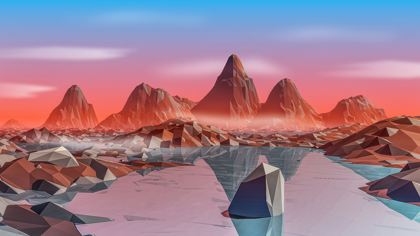 3D blender lake Landscape Low Poly mist mountain Nature polygon Render