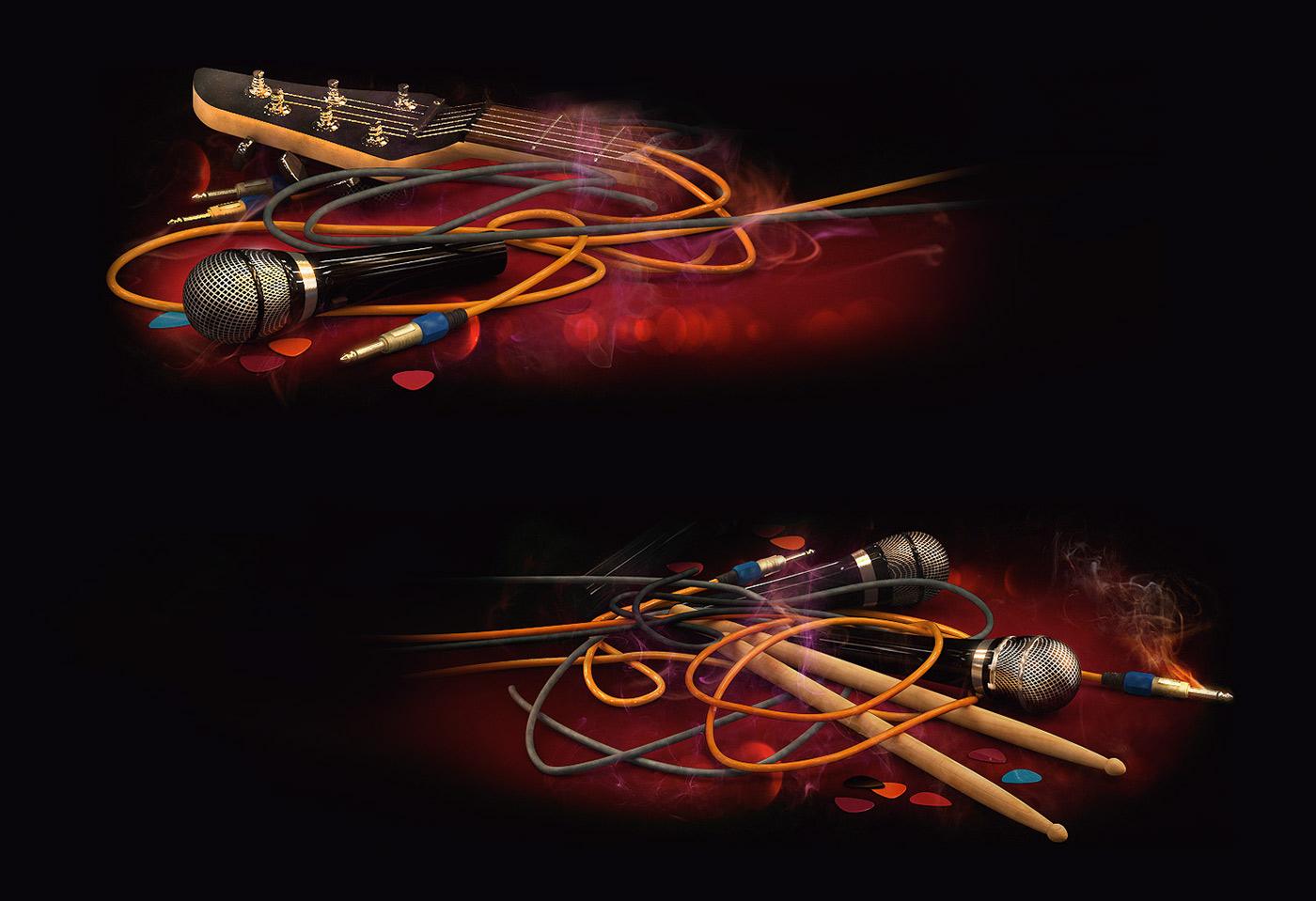 guitar rock Music Instrument sparkles light red drums strings electroguitar smoke fire pop 3D Render compose