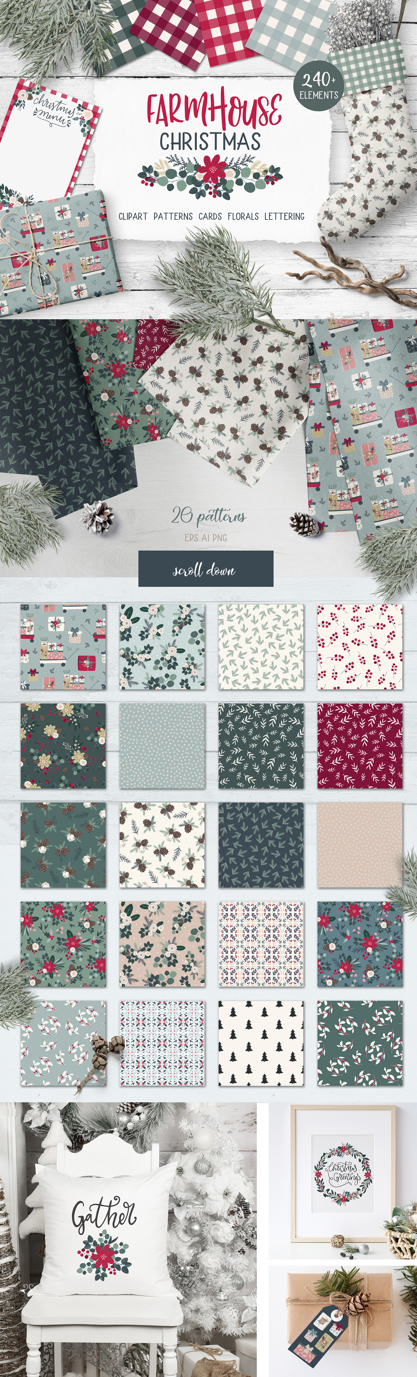 Farmhouse ILLUSTRATION  surface pattern design greeting card hand drawn clipart Christmas lettering creative market product