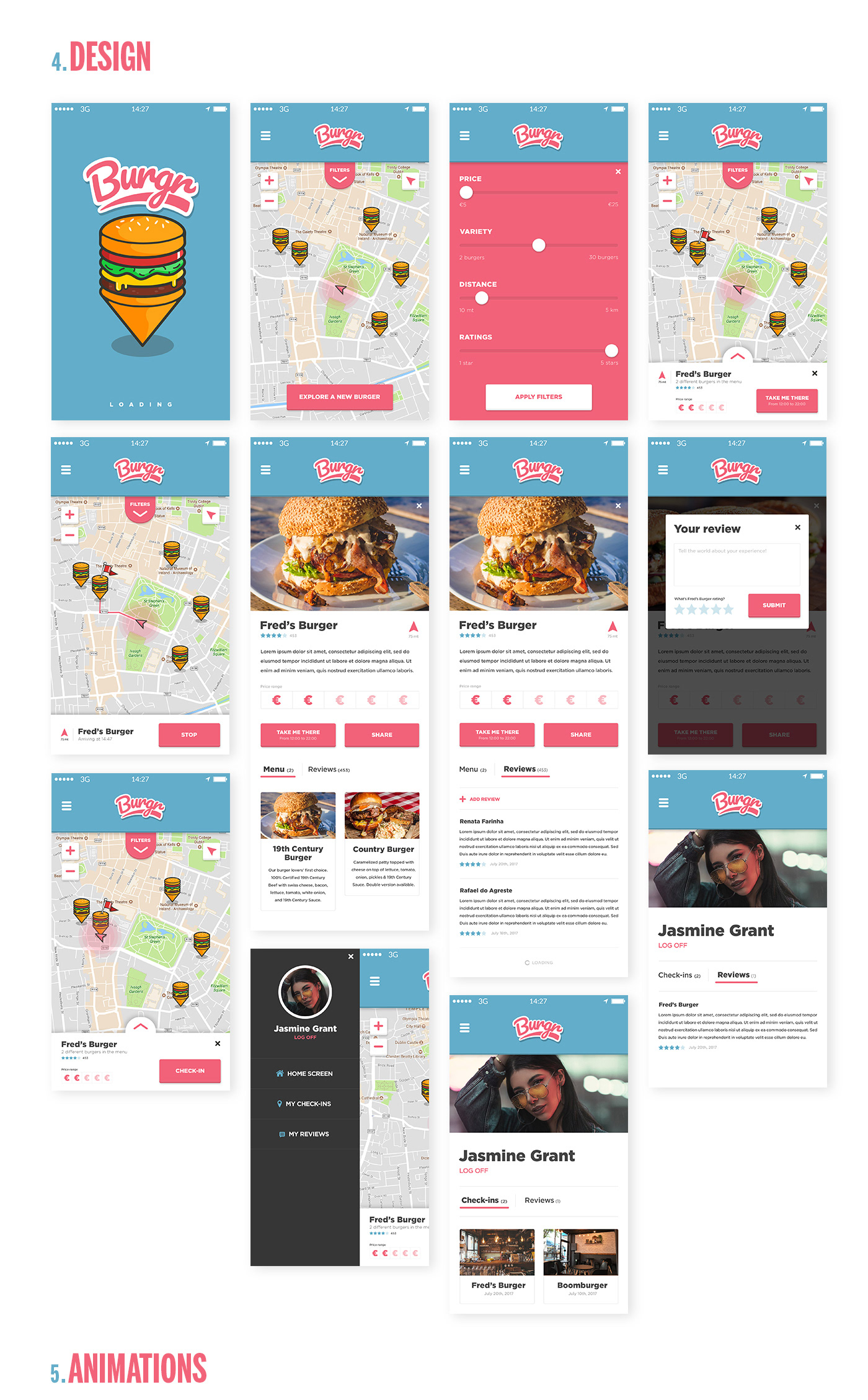 burger user journey map user flow wireframes find burger places Interactive Animations transitions restaurants Mobile app
