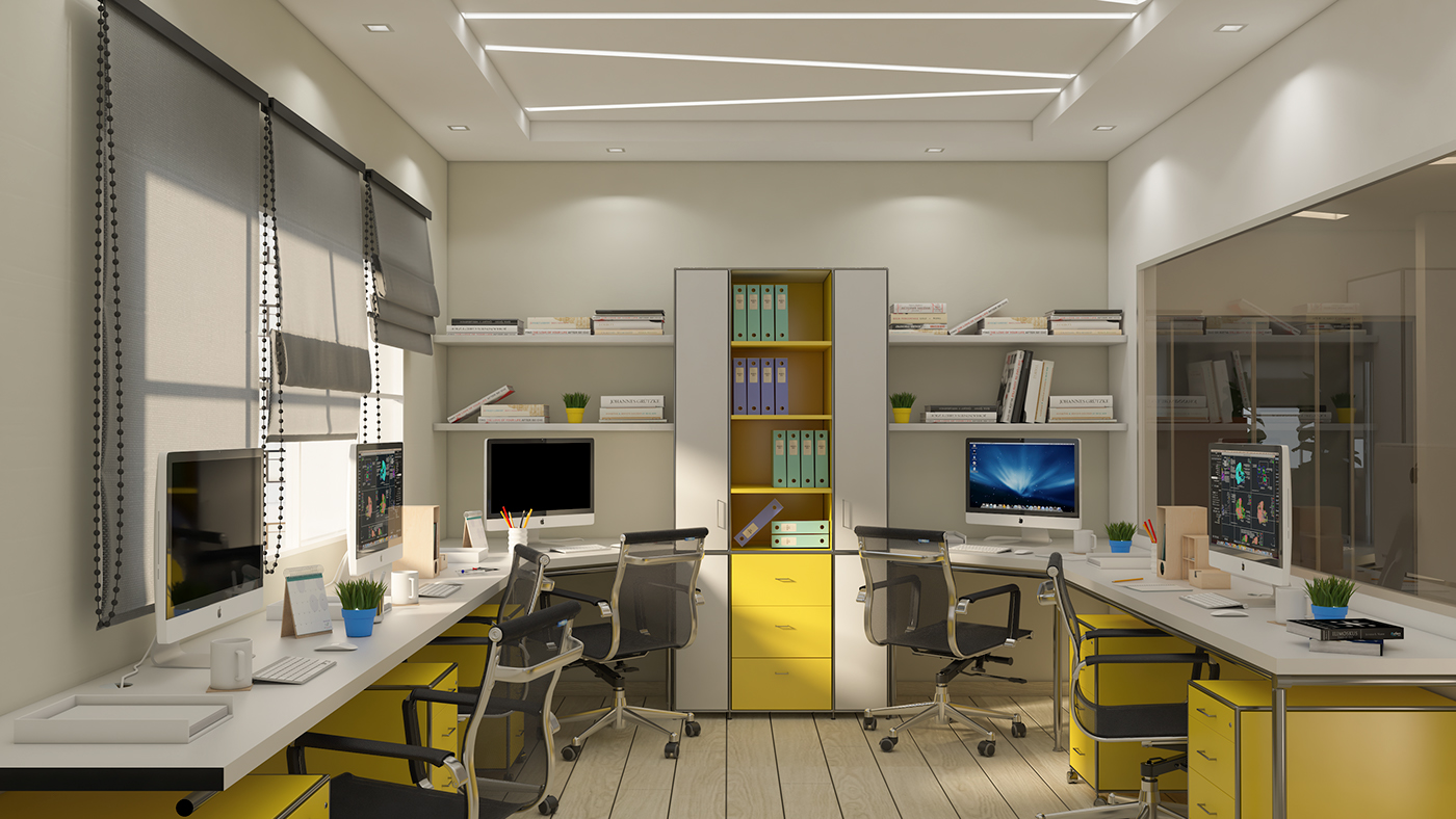 design visualization 3dsmax rendering V-ray Office yello yellow company Interior
