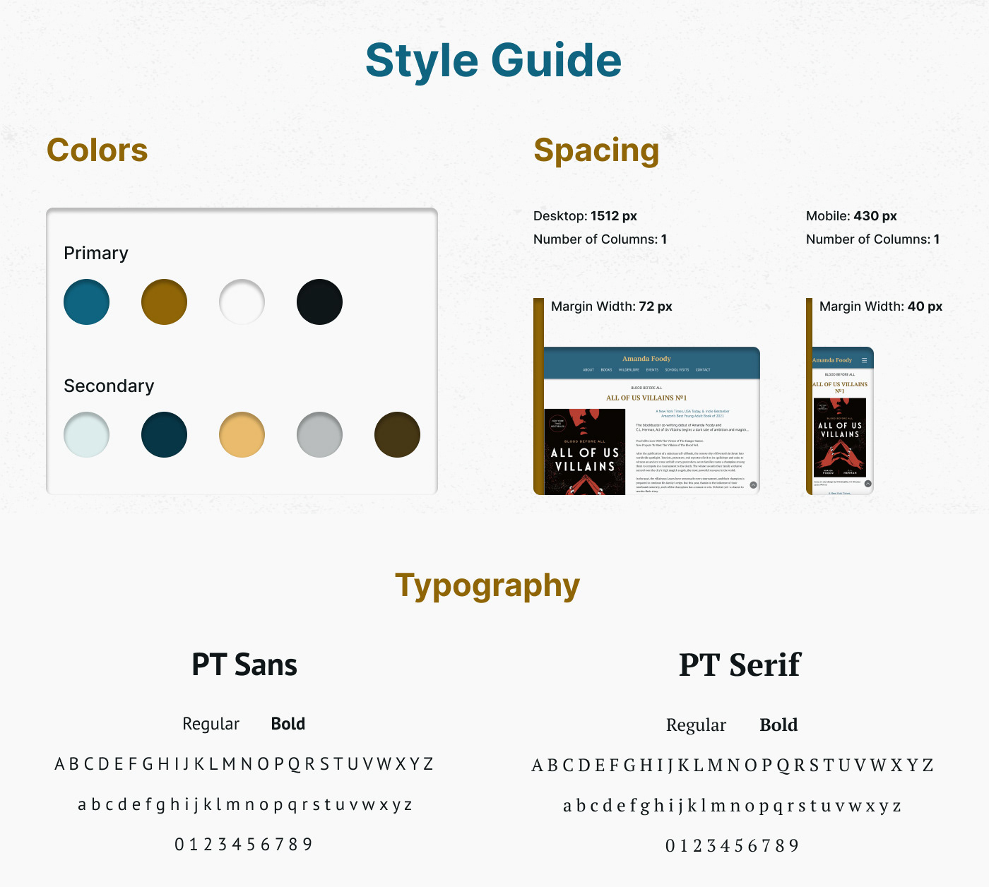 style guide containing colors, spacing, and typography 