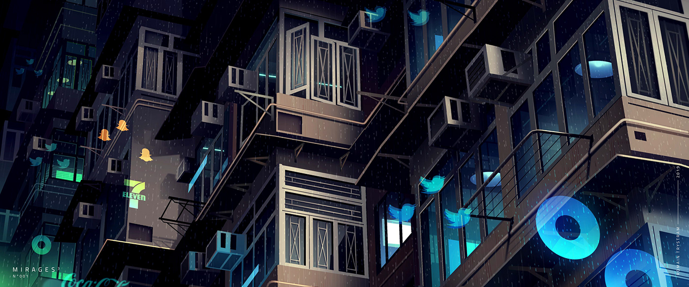 ILLUSTRATION  neon Cyberpunk architecture light lonely noir series exploration gradients