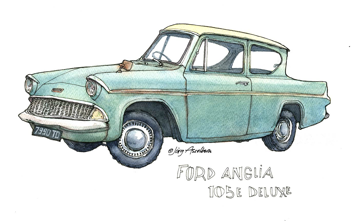 car ford anglia harry potter line vintage car watercolour