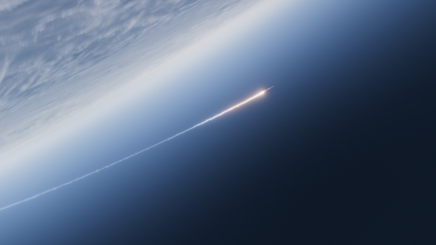 Rocket leaves Earth with a white-hot contrail behind.  It accelerates into open space.