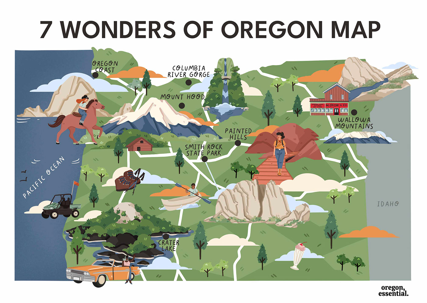 map illustrated map Mappa info graphic Travel Oregon usa whimsical Fun trip viaggi