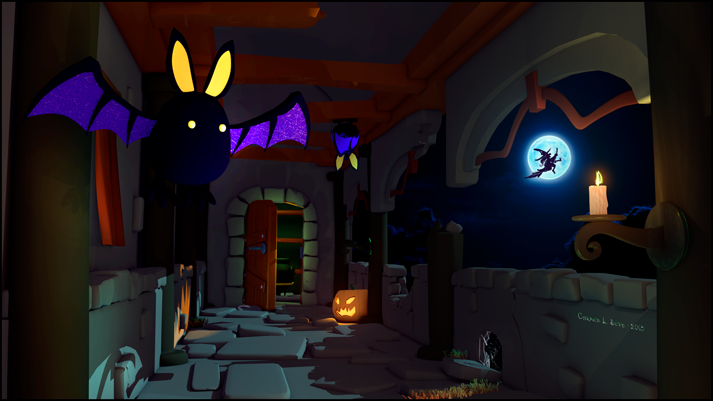 hallowen 3D model 3d Scene ruined hallway Witches bat cauldron pumpkin