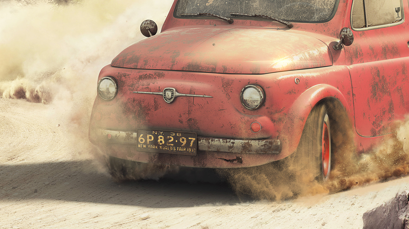 Getting Away drift Fiat500 CGI manipulation 3D dust funny adobe Autodesk