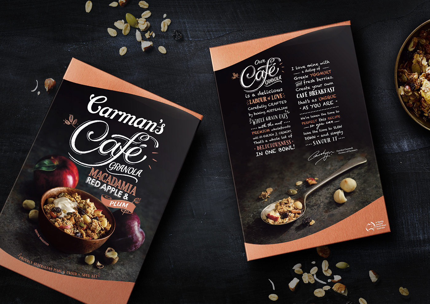 Packaging lettering granola Carman's breakfast premium yummy cafe foodie Handlettering