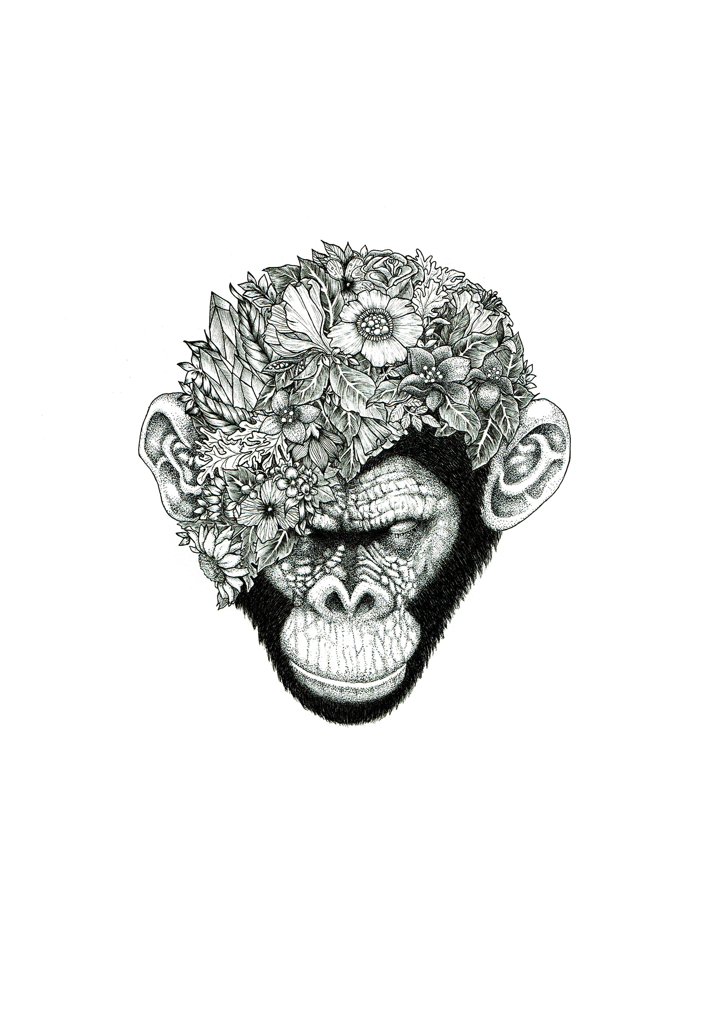 chimpanzee ape animal dots black ink flower botanical society6 monkey japan tokyo