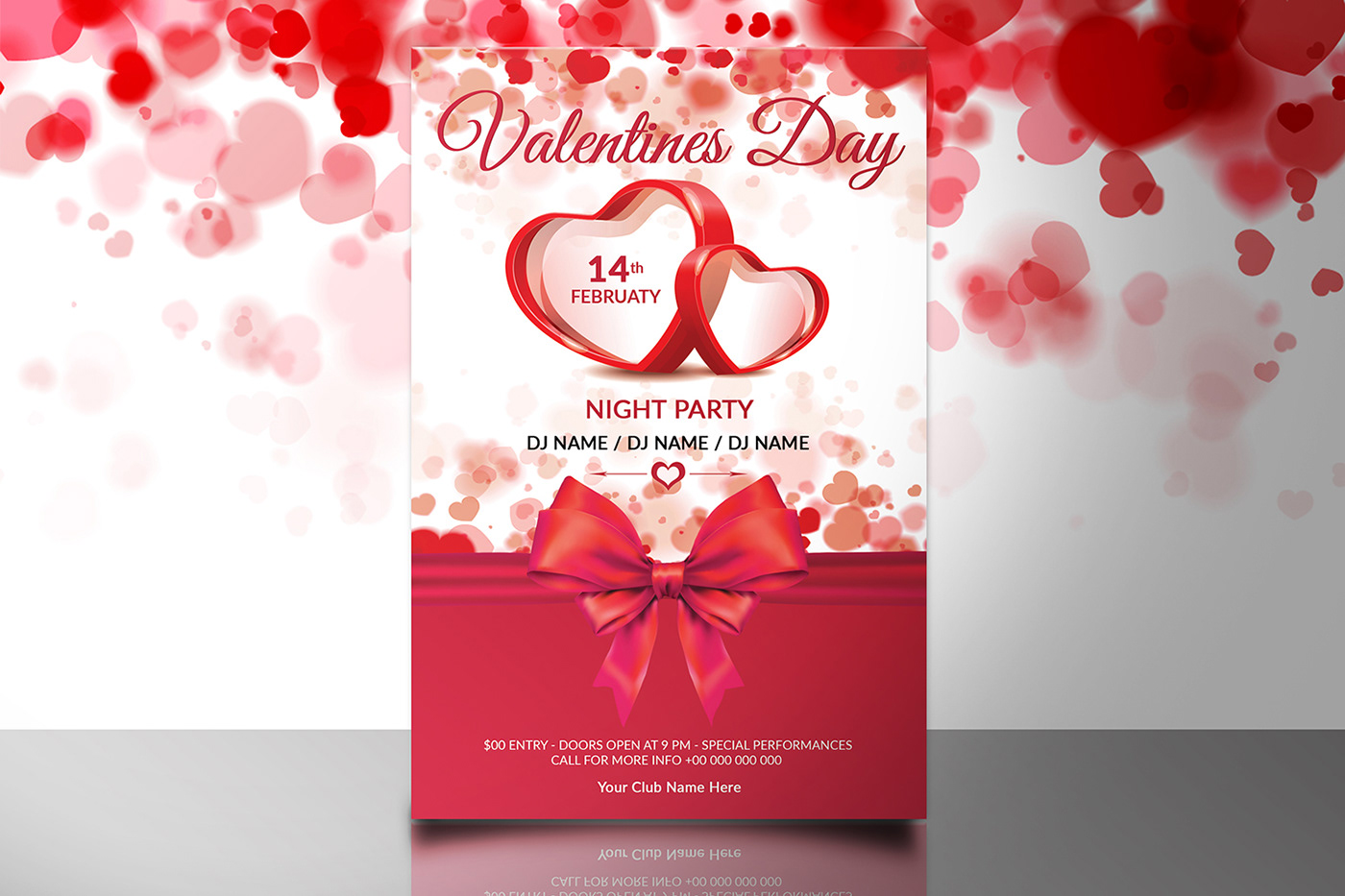Valentine's Day party flyer Invitation Flyer template red psd ms word club valentine party heart