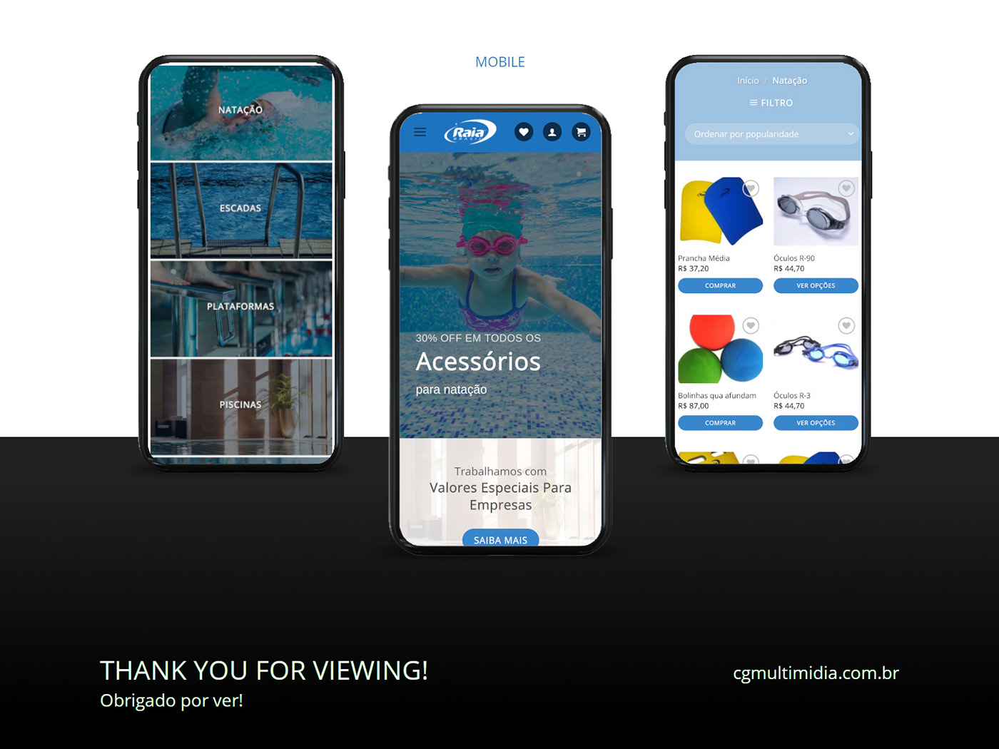 Raia Brasil mobile website mock ups with monochromatic blue flat style.