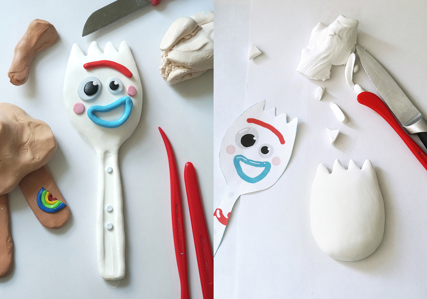 Work in Process of Forky from Toy Story 4 in Clay, sculpted by Andi Meier in clay, plasticine, Knete