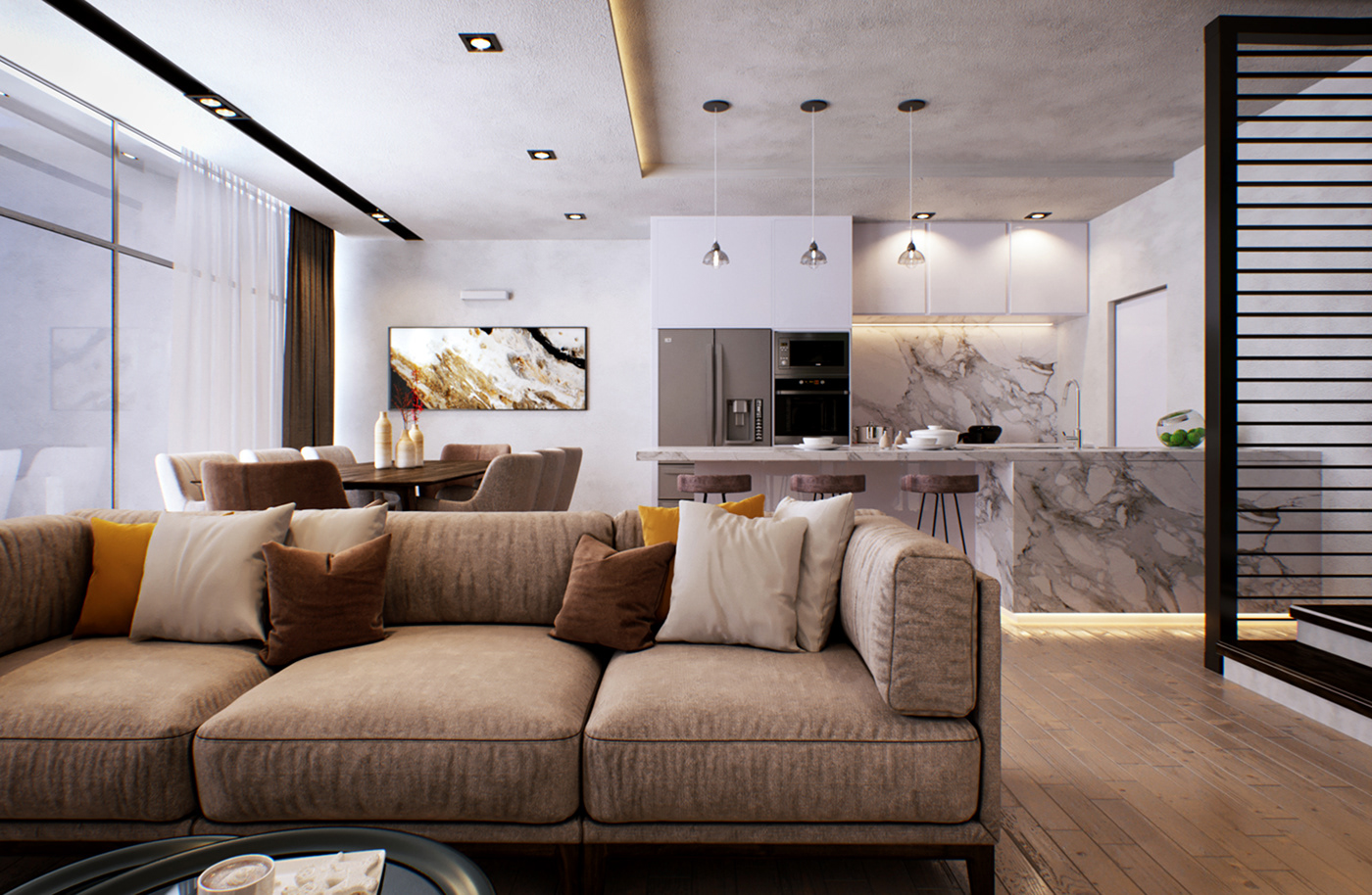 mid-century modern minimalist Tropical neutral colors wood concrete modern Carrara Marble natural textures Interior Villa 