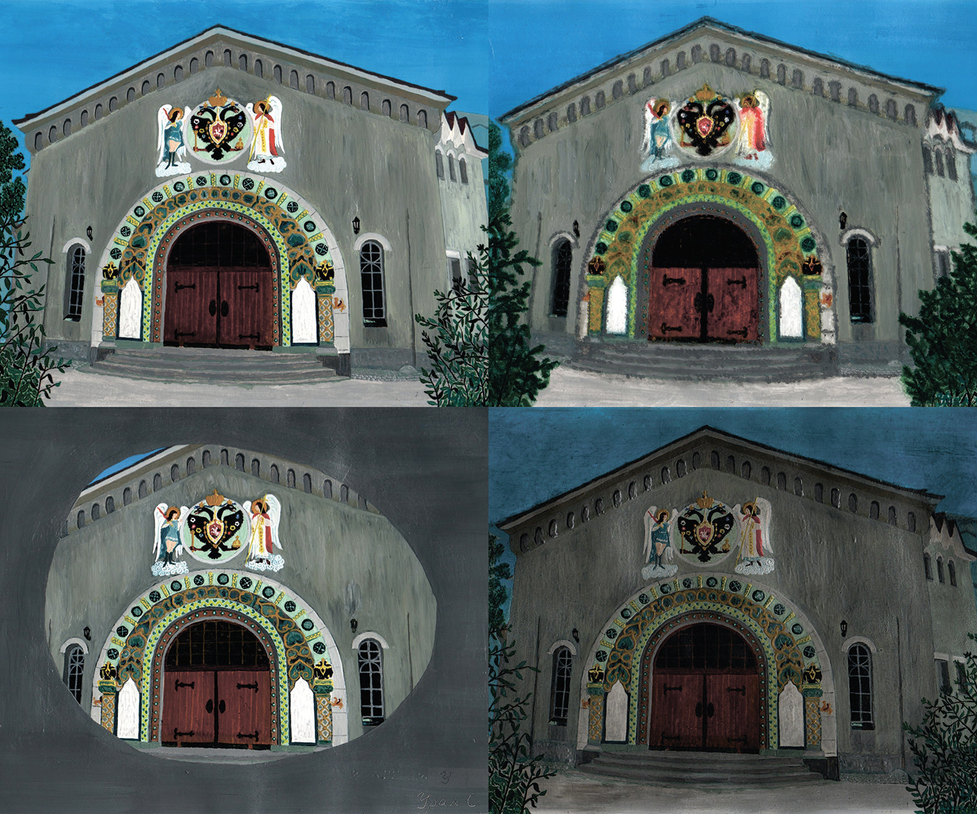 Quadriptych "Medicina ars nobilissima." 2022. Gouache, watercolor.
It includes four paintings, three
