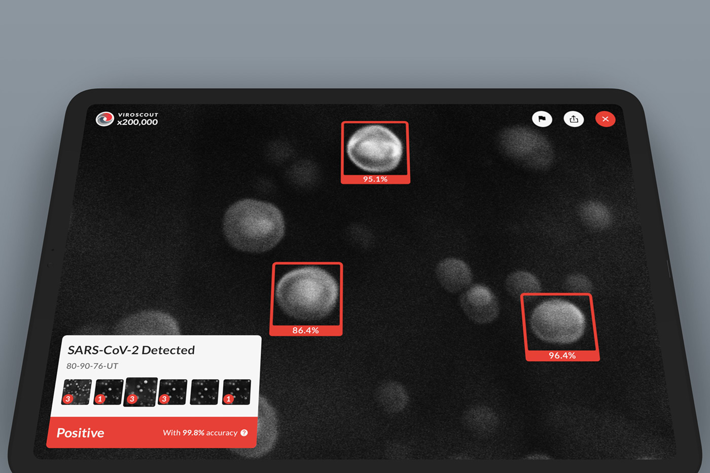 Mock-up of ViroScout Analysis app on iPad Pro. It shows that this sample is Positive for SAR-CoV-2