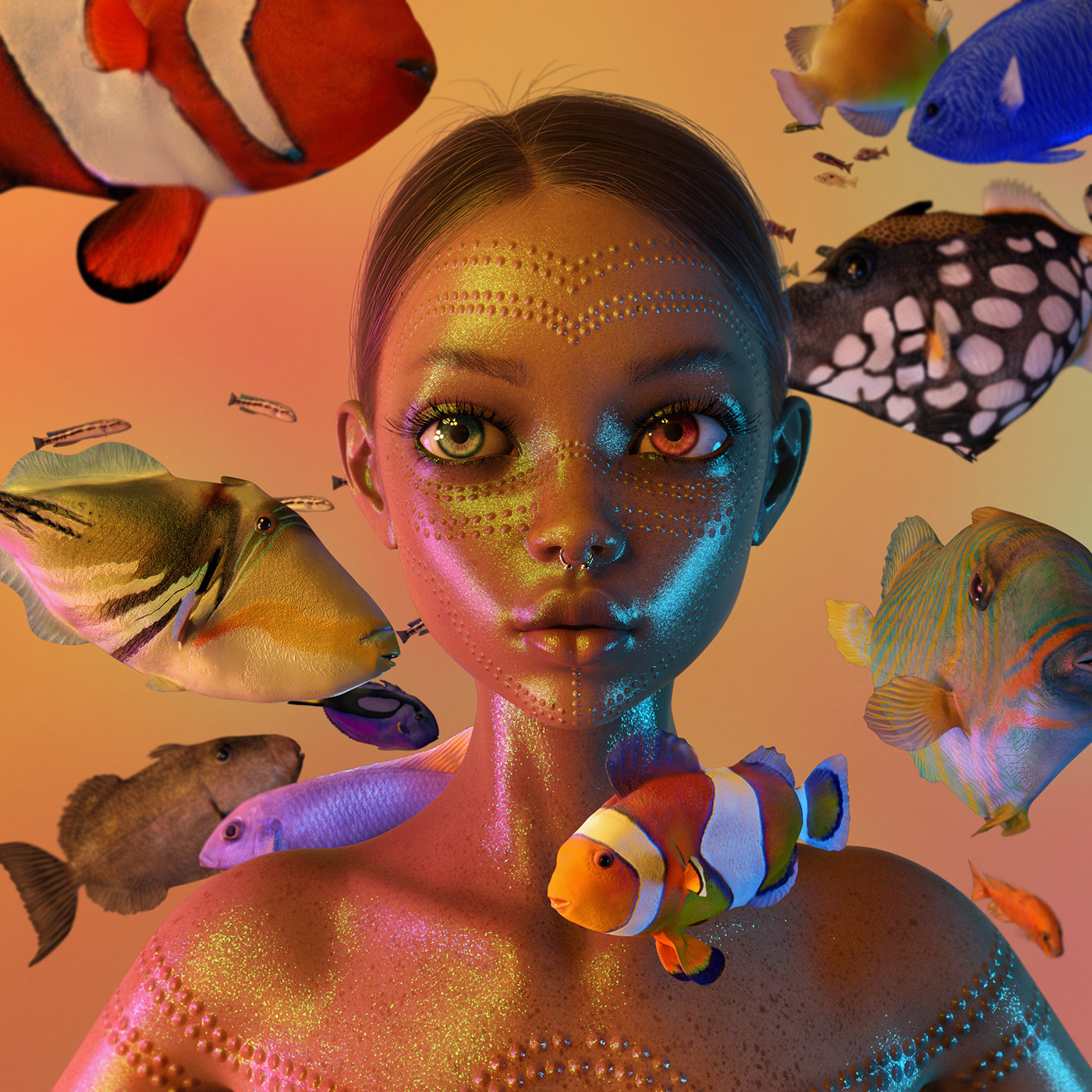 3D afrofuturism Character design  Cyberpunk daz3d Digital Art  fish portrait surreal