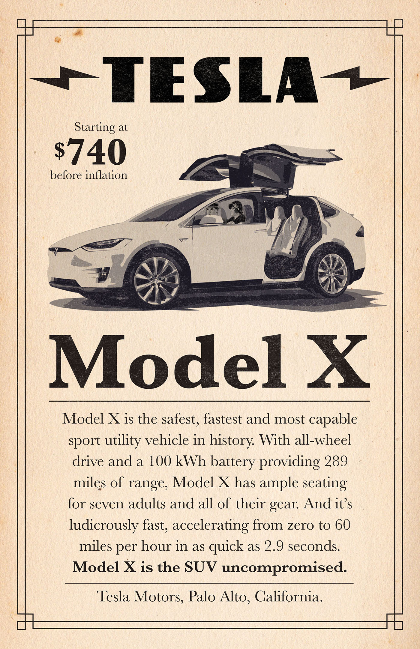 tesla Model X advertisment Retro vintage