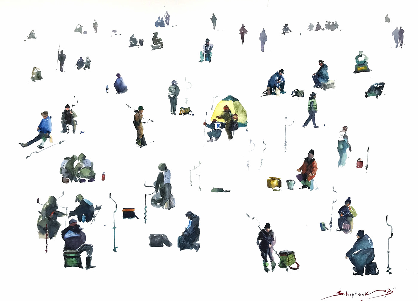 rink soccer players Fisherman watercolor painting people many people winter snow football soccer