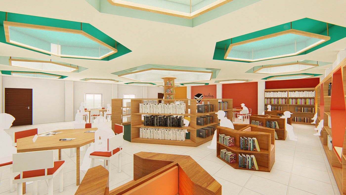 architecture AutoCAD hexagon interior design  Library design Octagon redesign Render School Project sketchup pro