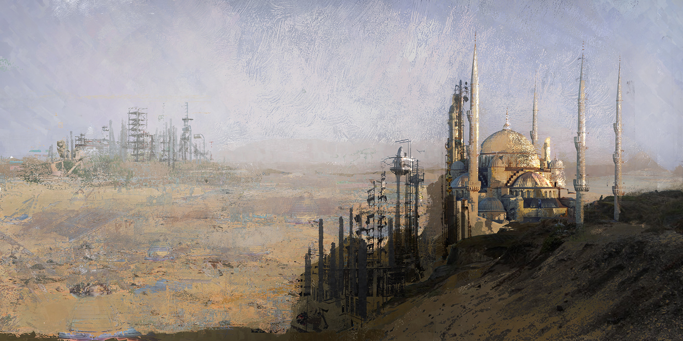 digital 2d fantasy concept art environment mosque desert