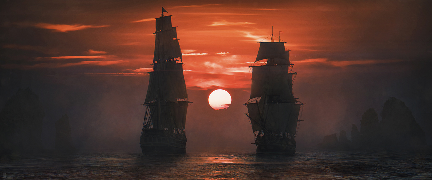 conceptart Mattepainting Ocean pirates Sail sea ship SKY sunset Travel