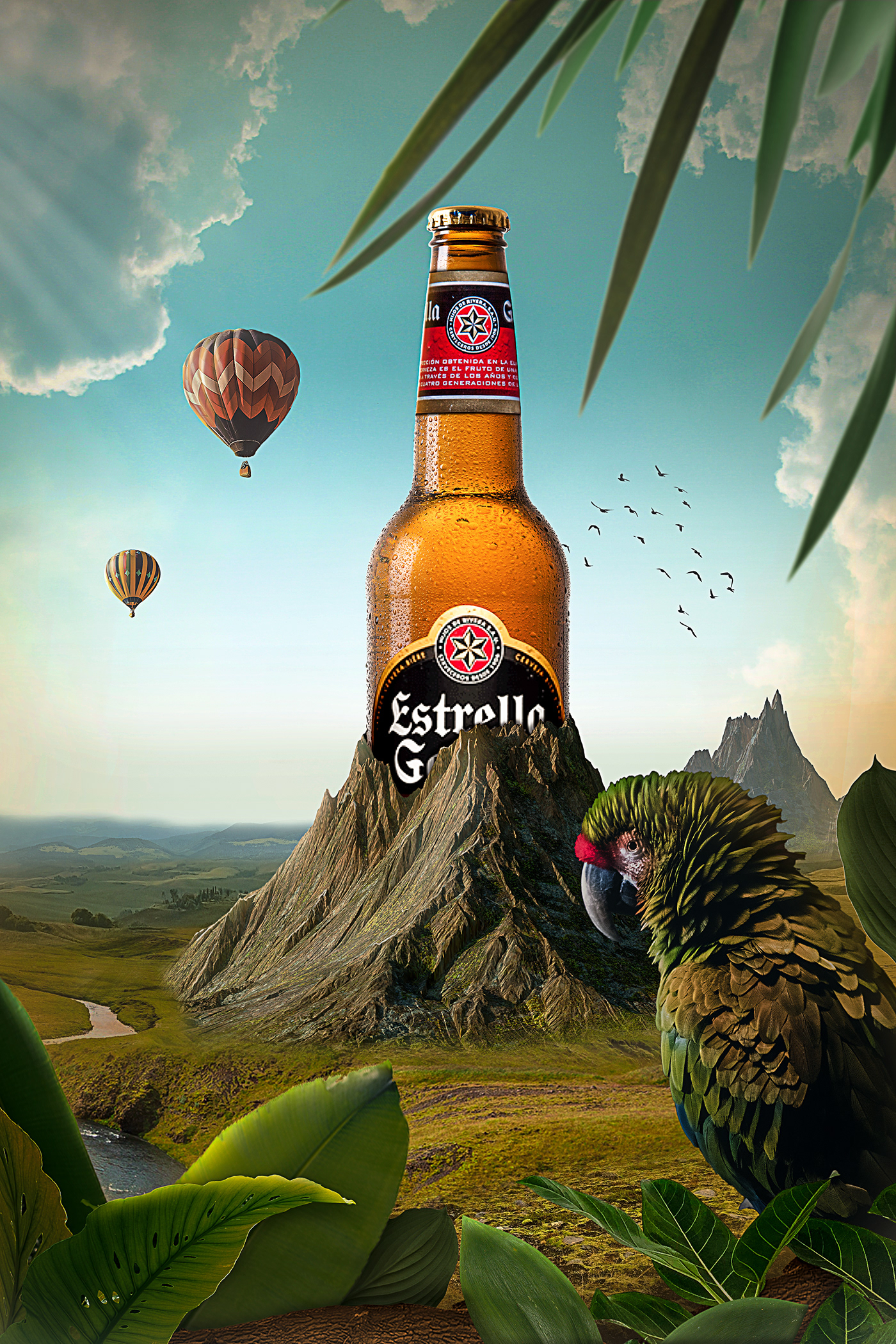 photoshop artwork Estrella Galicia Digital Art  Sunny parrot Bier mountains imagine world