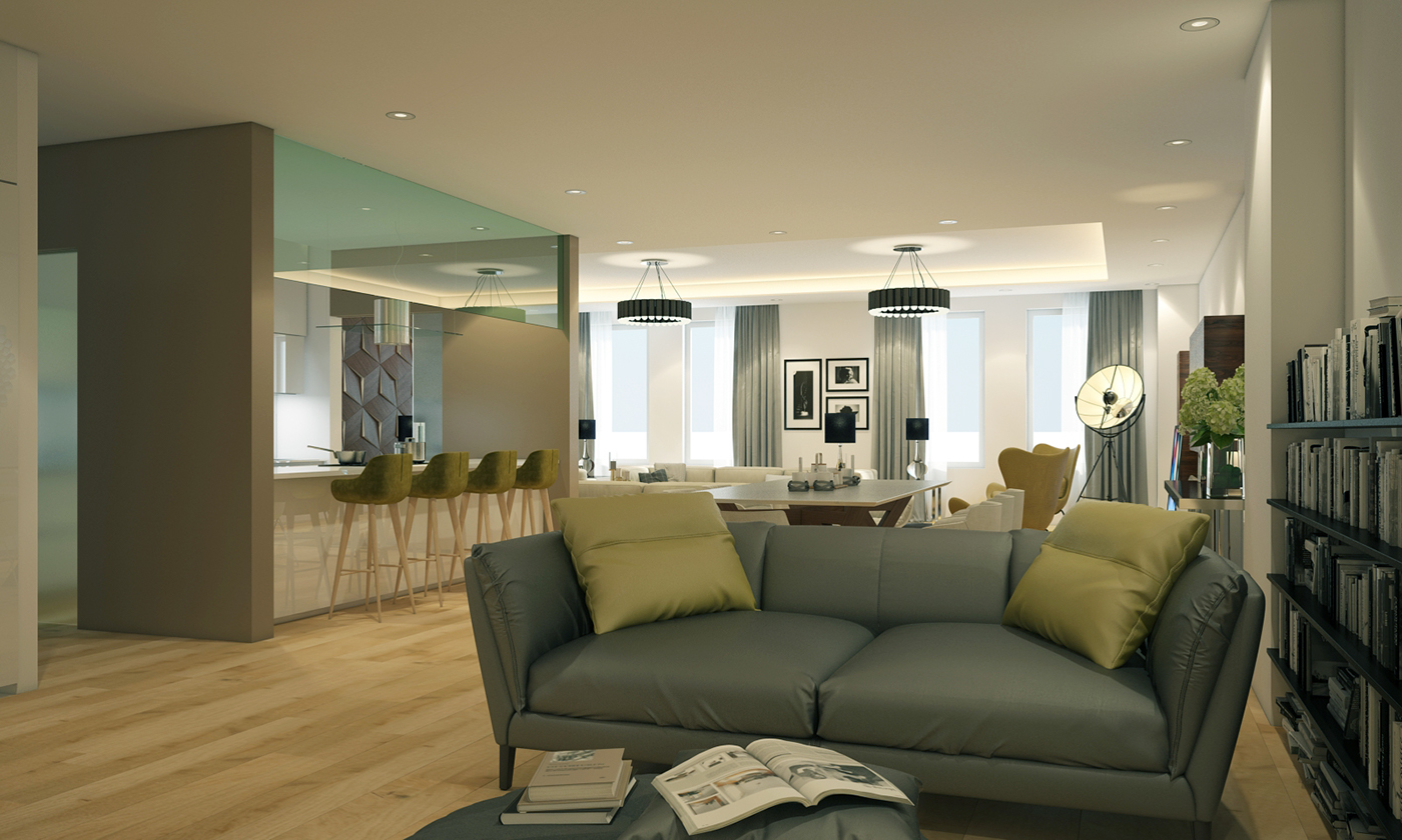 modern new Interior design living open bar kitchen Style dubai luxury room warm vray Render