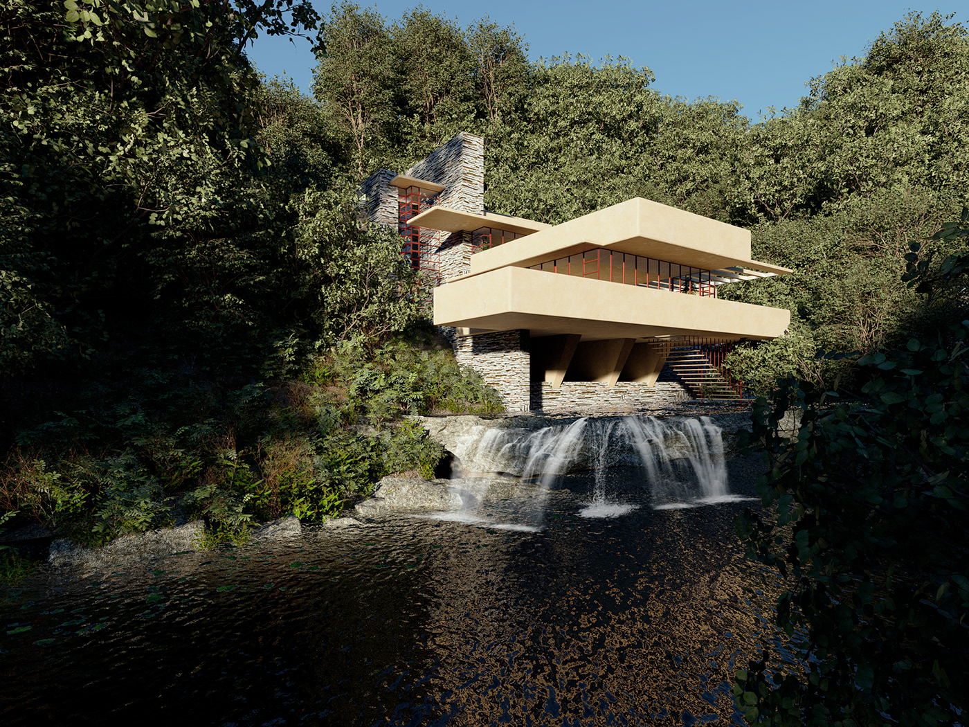 3D archviz exterior Fallingwater Frank Lloyd Wright organic architecture Render waterfall