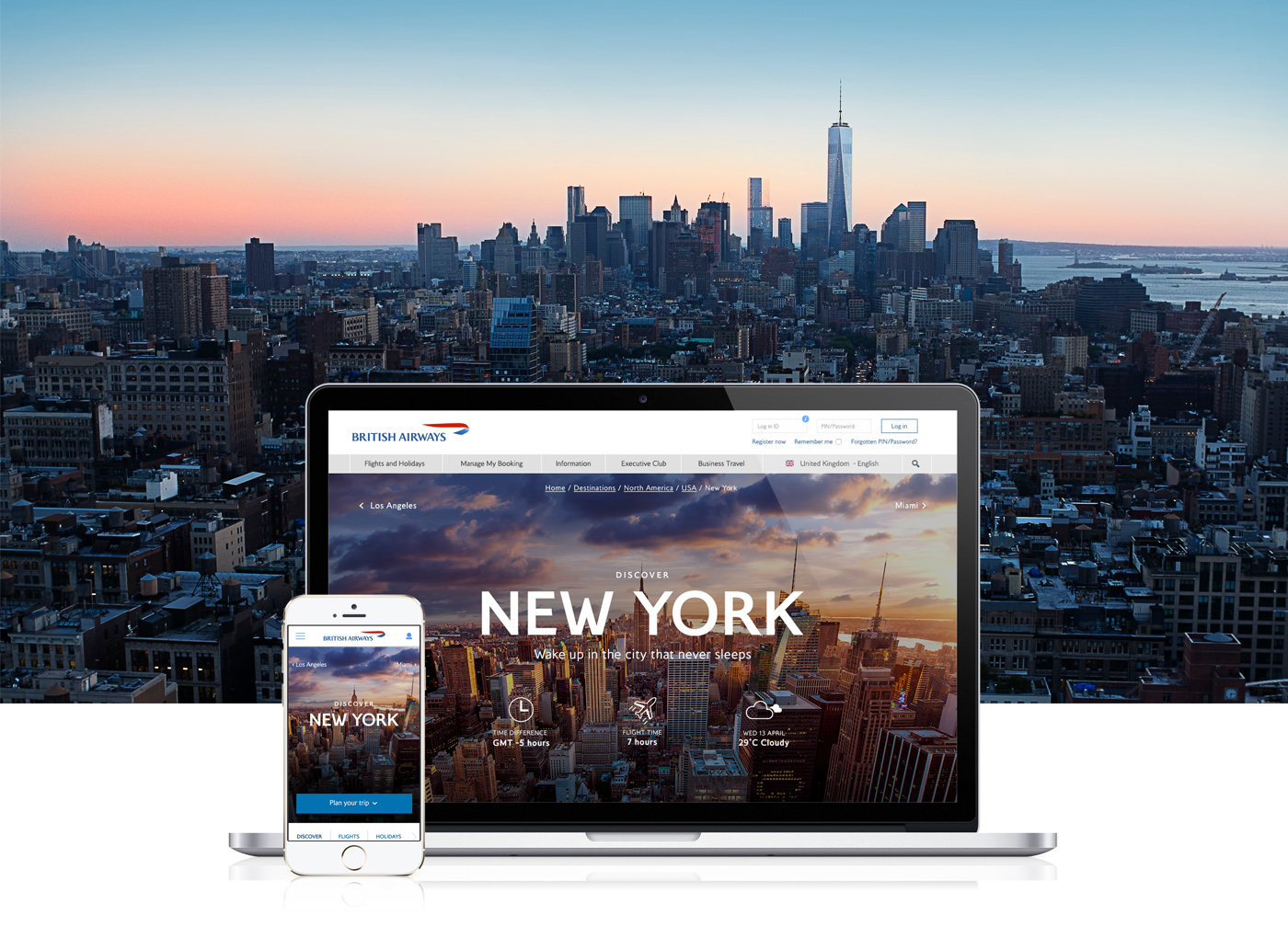 British Airways clean icons New York newyork mobile Responsive airline minimal grid