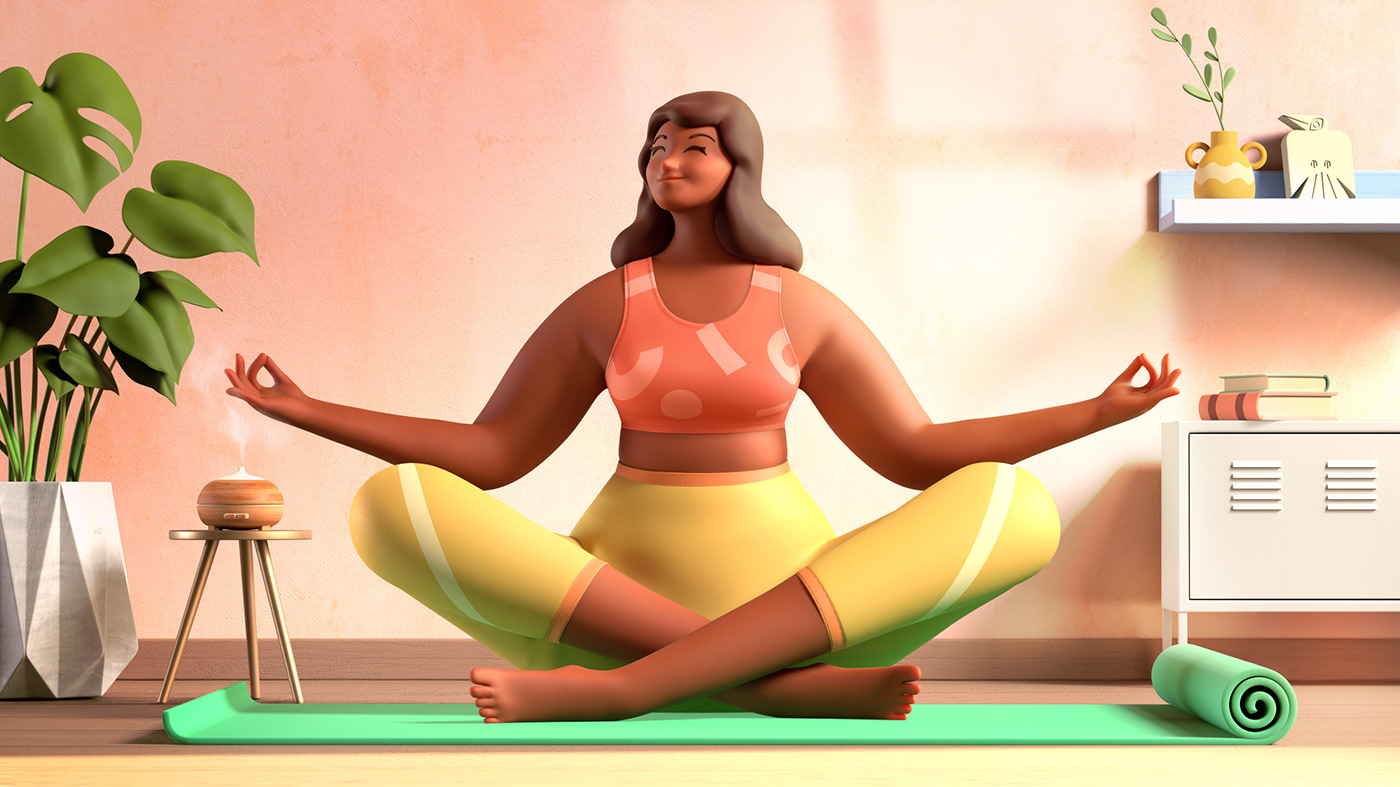 woman meditation Yoga 3D 3d modeling Character design  digital illustration Health fitness cineam4d