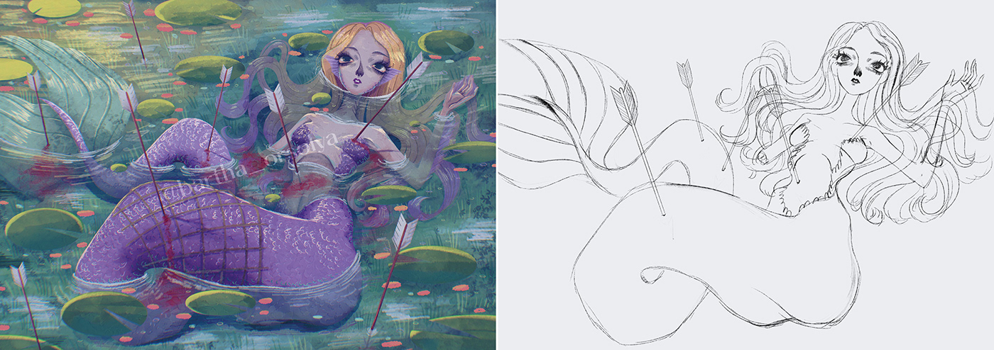mermaid ILLUSTRATION  Character design  stylized digital illustration Procreate lake water The Little Mermaid