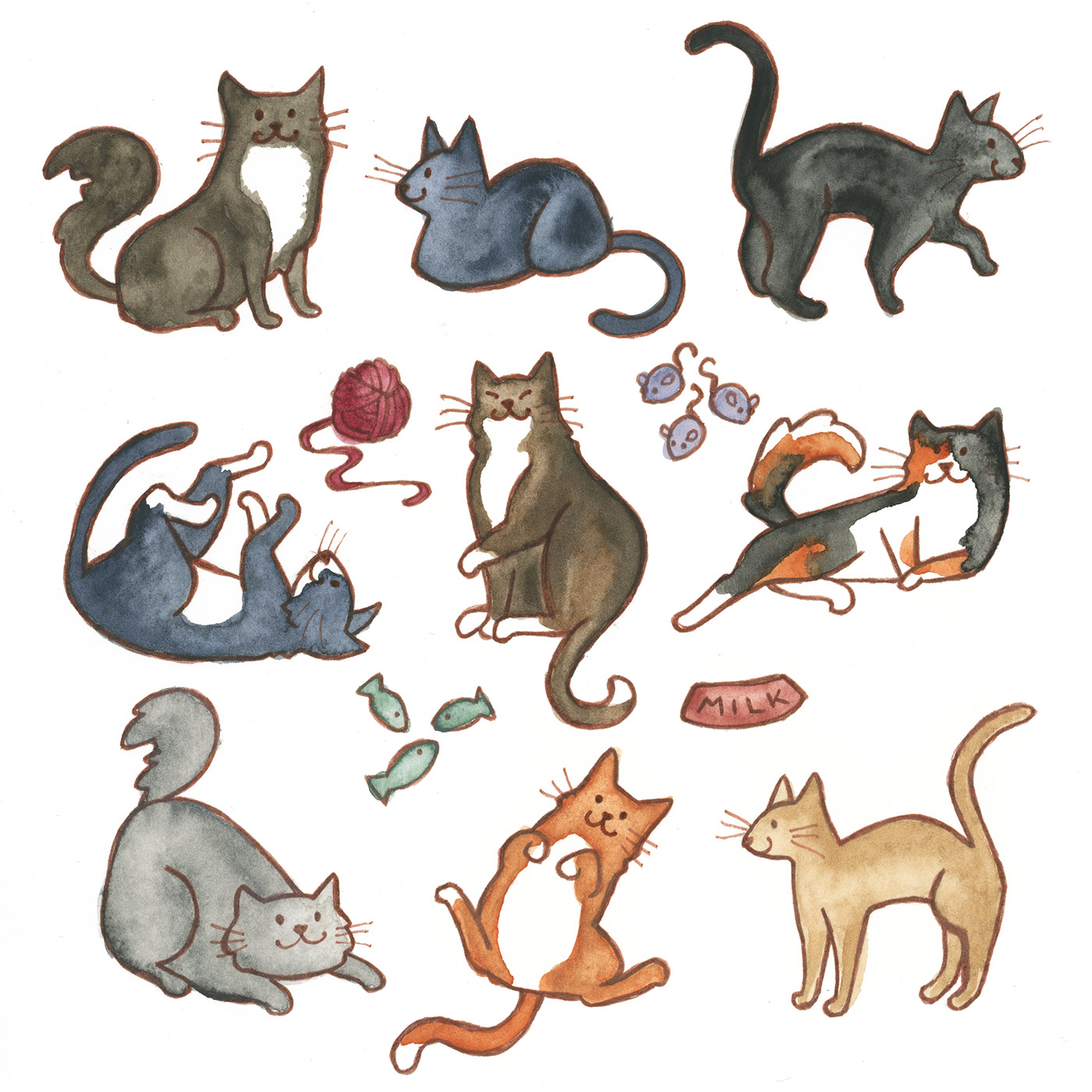 watercolor cats dogs Coffee tea Patterns design