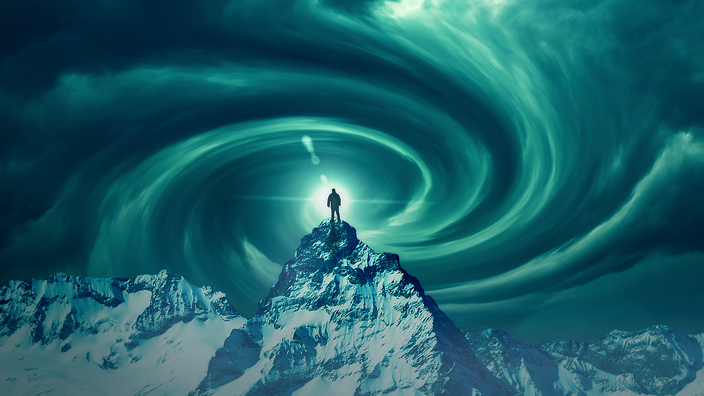 wormhole Lance Reed photomanipulation Digital Art  Photography  dramatic sky mountain peak man snow other worlds