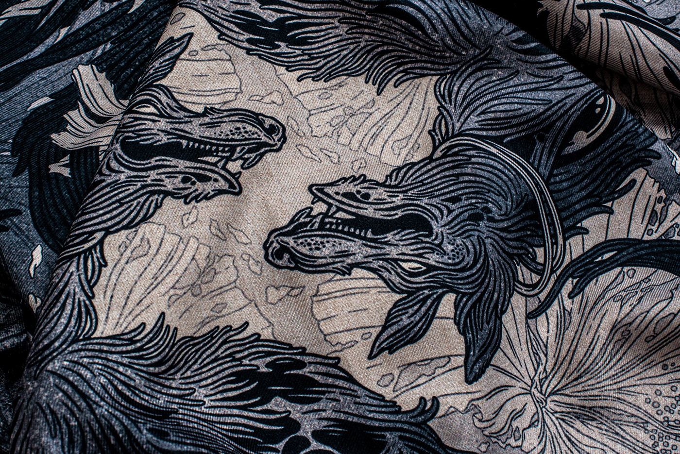 animal detailed Drawing  japan kimono Nature printed wolf